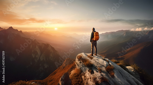hiker on top of mountain, sunset, realistic, AI-generated, three dimensional, colorful, nature 