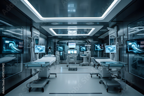 Operating room in the hospital of the future. Blu filter. Generation AI