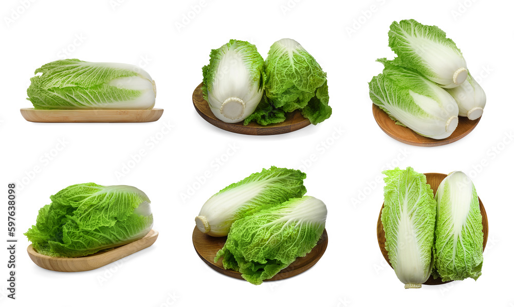 Boards with fresh tasty Chinese cabbages on white background, collage design Boards with fresh tasty Chinese cabbages on white background, collage design