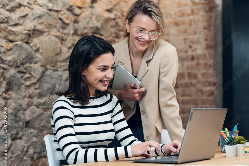 Two beautiful designer women working with laptop while choosing materials in digital tablet in the modern office. Two beautiful designer women working with laptop while choosing materials in digital tablet in the modern office.
