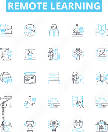 Remote learning vector line icons set. Remote, Learning, Online, Education, Teleclass, Videoconferencing, Webinar illustration outline concept symbols and signs