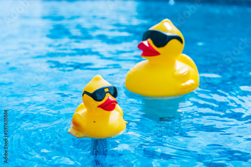 Obraz na płótnie A serene photo capturing the perfect summer day with a vibrant swimming pool as the main focus, charmingly accompanied by a delightful duck enjoying a cool swim. A must-see for all nature and aquatic w salonie