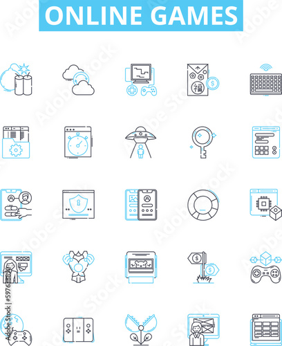 Online games vector line icons set. Online, Games, Multiplayer, Gaming, MMORPG, Puzzle, Adventure illustration outline concept symbols and signs