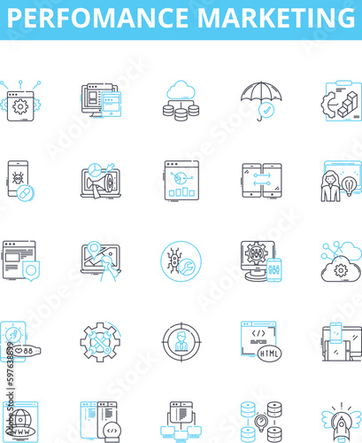 Perfomance marketing vector line icons set. Performance, Marketing, Digital, Advertising, ROI, Conversion, Revenue illustration outline concept symbols and signs
