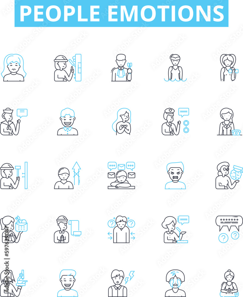 People emotions vector line icons set. Joyful, Sad, Content, Excited, Afraid, Bitter, Loving illustration outline concept symbols and signs People emotions vector line icons set. Joyful, Sad, Content, Excited, Afraid, Bitter, Loving illustration outline concept symbols and signs