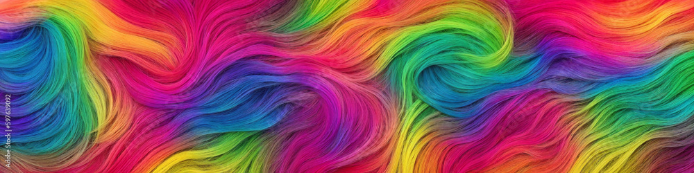 Background made of strands of colorful hair. Horizontal banner of colored threads. Generative AI