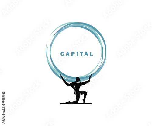 CAPITAL AND STRONG MAN LOGO, silhouette of earth and big man holding the planet vector illustrations