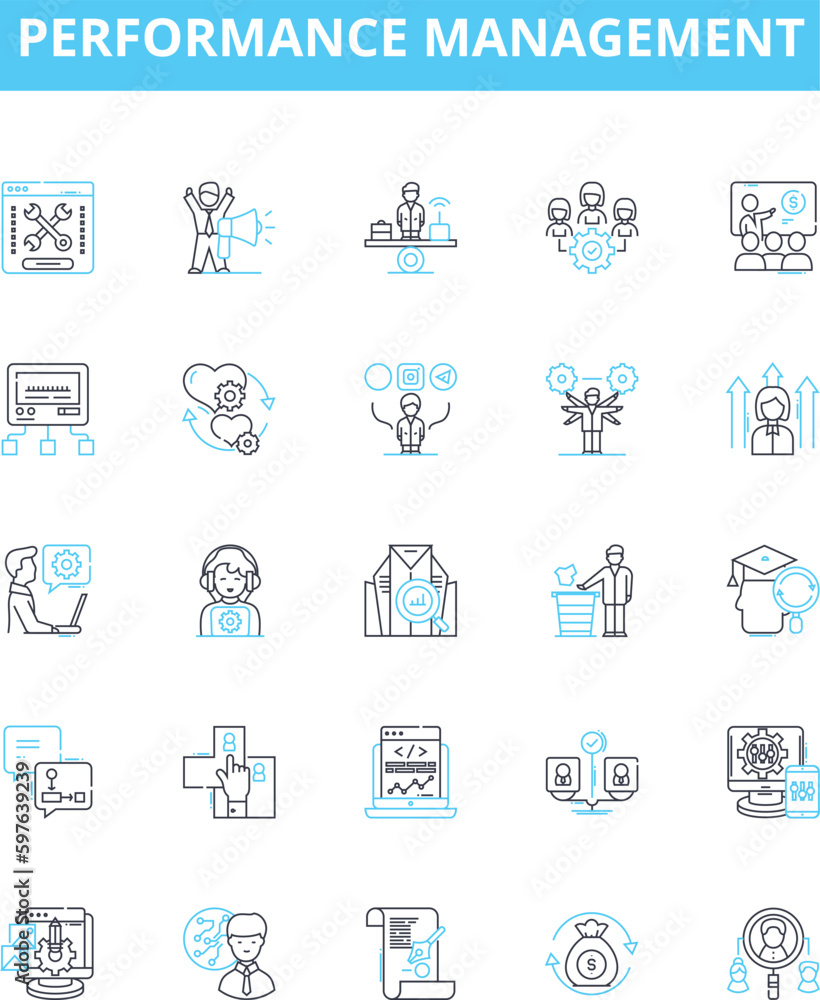 Performance management vector line icons set. Performance, Management, Assessment, Appraisal, measurement, Monitoring, Evaluation illustration outline concept symbols and signs