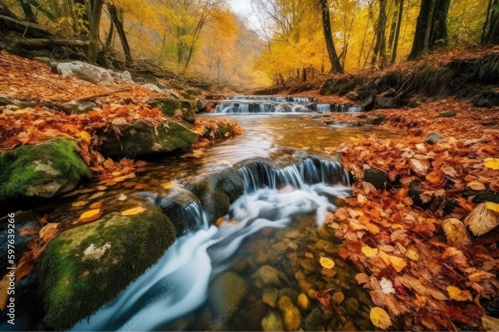 Stream in autumn golden forest.