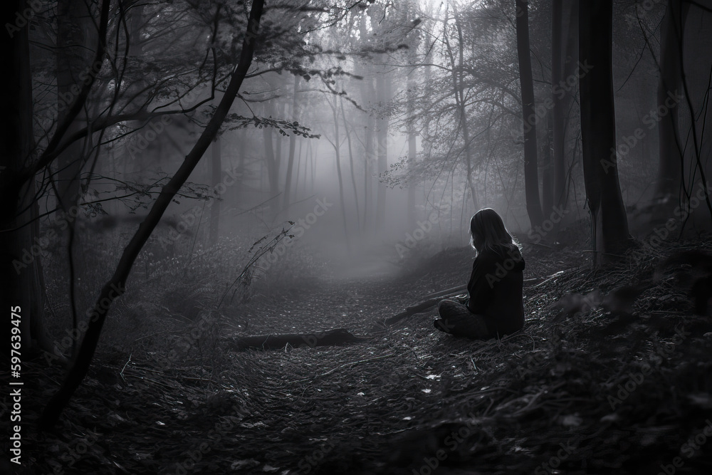 Woman sitting in dark forest, back turned, dark, depression, black and white. Generative AI