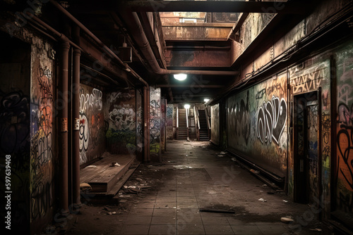 Underground subway corridor, urban, graffiti, dirty. Generative AI