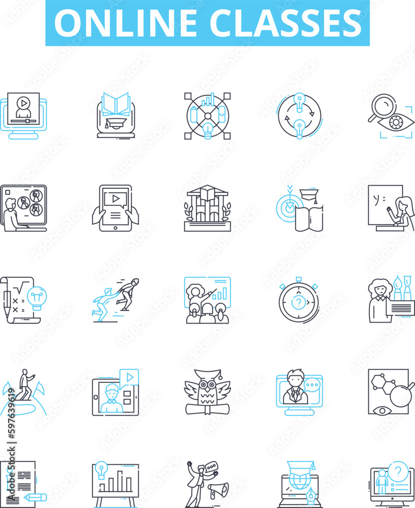 Online classes vector line icons set. Online, Classes, Learning, eLearning, Remote, Virtual, Webinars illustration outline concept symbols and signs Online classes vector line icons set. Online, Classes, Learning, eLearning, Remote, Virtual, Webinars illustration outline concept symbols and signs
