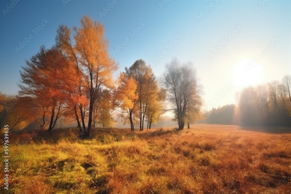 October landscape on a sunny day with colorful trees on a beautiful meadow in the morning.