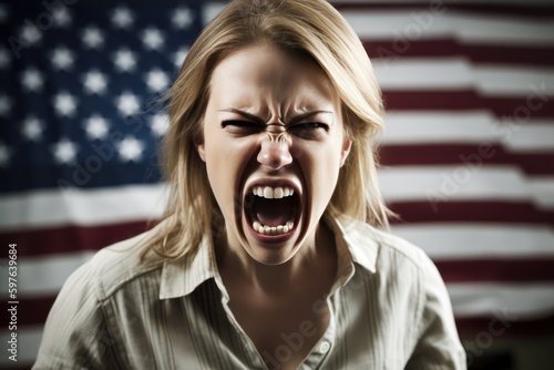 Angry mature american woman screaming. at you. Generative AI photo