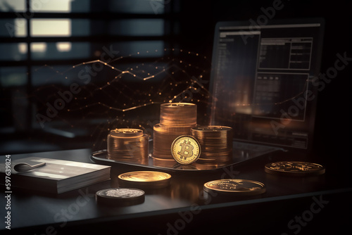Golden opportunities: A 3D rendering of coins and cryptocurrency - Generative Ai