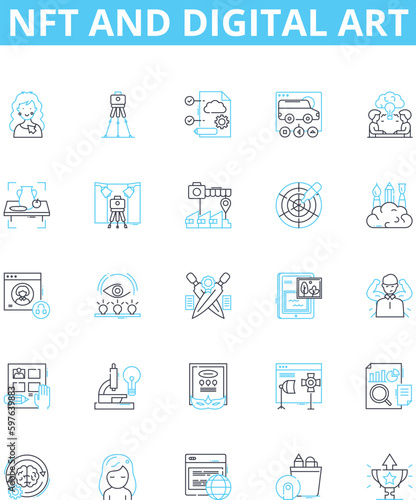 NFT and digital art vector line icons set. NFT, Digital, Art, Cryptocurrency, Blockchain, Digitalized, Marketplace illustration outline concept symbols and signs