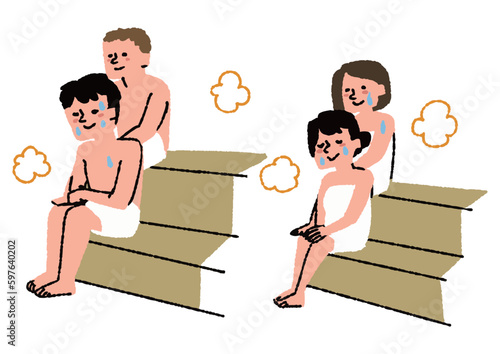 サウナで温まる男性と女性のセット
