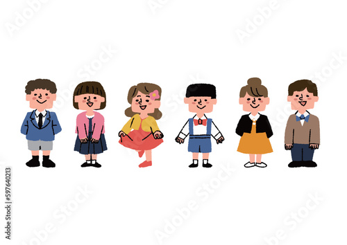 よそいきのおしゃれをした子供達のイラスト　コミカルな手書きの人物　
