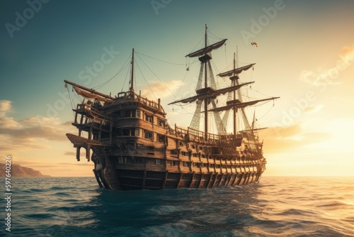 Pirate ship. Backdrop or background with copy space. AI generated, human enhanced.