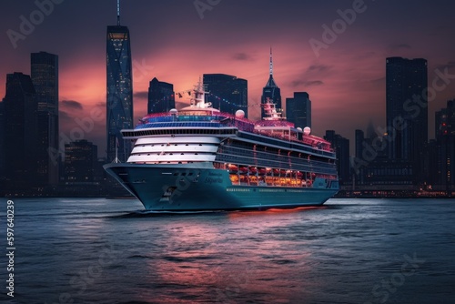 The cruise ship leaves the city harbor at night. AI generated, human enhanced. © top images