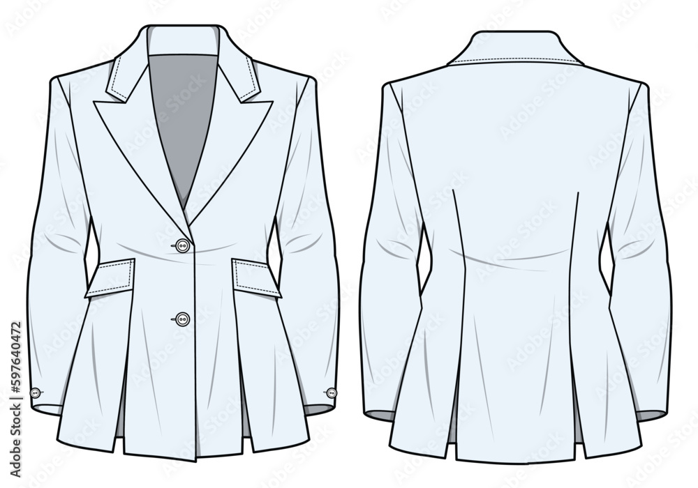 Two-Button Blazer with Peak Lapel, Side Pocket Technical Flat Drawing Vector File Two-Button Blazer with Peak Lapel, Side Pocket Technical Flat Drawing Vector File