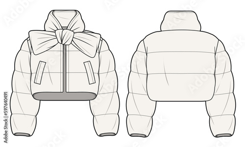 Women Puffer Jacket Front View Tie and Side Pocket Flat Sketch Vector Template