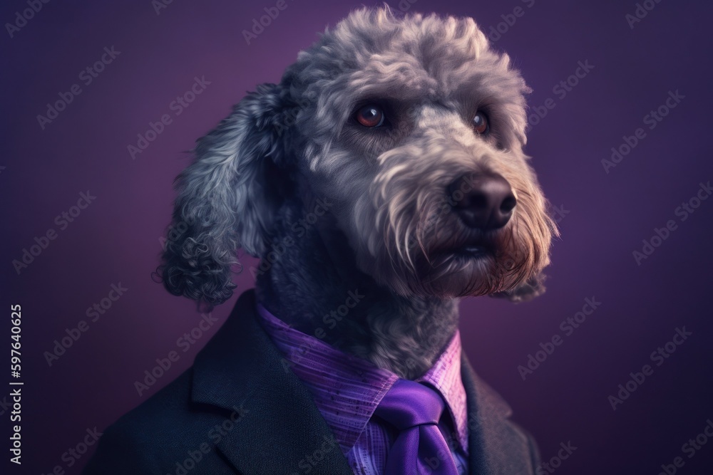 Anthropomorphic dog poodle dressed in a suit like a businessman. business concept. AI generated, human enhanced Anthropomorphic dog poodle dressed in a suit like a businessman. business concept. AI generated, human enhanced
