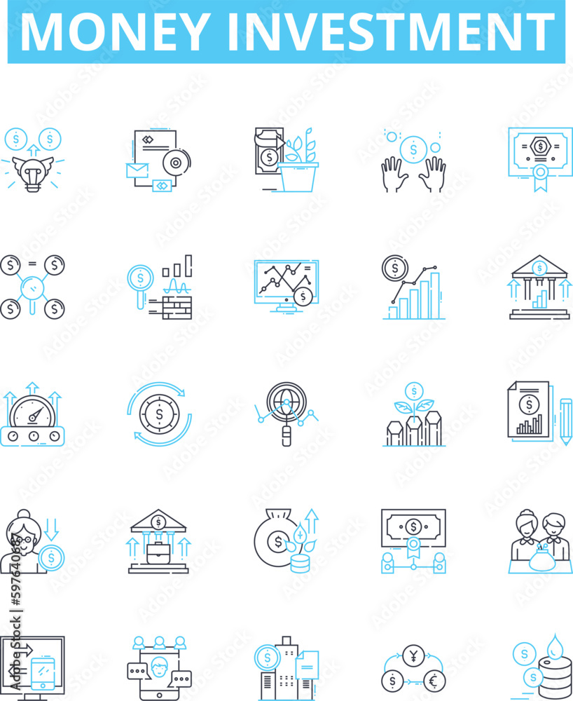 Money investment vector line icons set. Funding, Banking, Securities, Stocks, Bonds, Finance, Cash illustration outline concept symbols and signs Money investment vector line icons set. Funding, Banking, Securities, Stocks, Bonds, Finance, Cash illustration outline concept symbols and signs