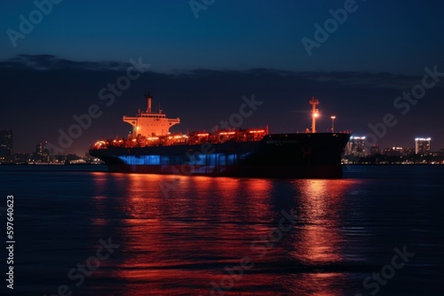 Tanker at night in the port, background with copy space for text. AI generated, human enhanced.