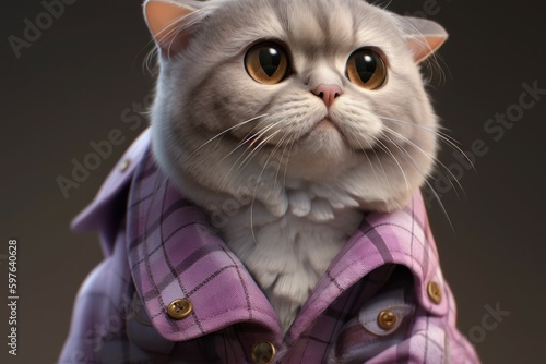 Anthropomorphic cat Scottish fold dressed in human clothing. humanized animal concept. AI generated  human enhanced