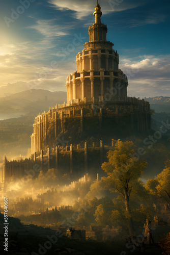 Tower of Babel, circular levels, upwards-facing perspective, illustration, looking to the heavens, golden sun illuminating from behind, tower bathed in golden light. Generative AI