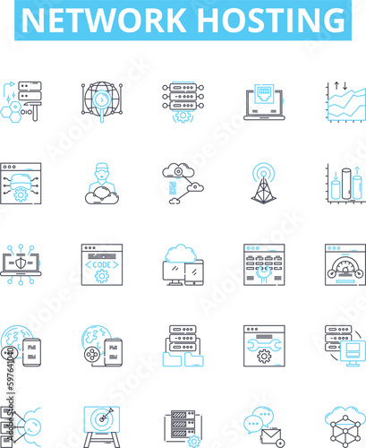 Network hosting vector line icons set. Webhosting, Cloudhosting, Networking, Colocation, Shared, Dedicated, Domains illustration outline concept symbols and signs