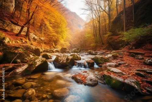 Beautiful waterfall in colorful autumn forest in mountains.