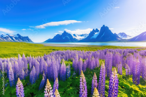 Beautiful sunny day and lupine flowers on Stokksnes cape in Iceland. 