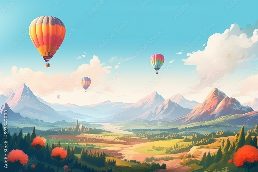 Beautiful panoramic nature landscape of countryside mountains with colorful high hot air balloons festival in summer sky. 