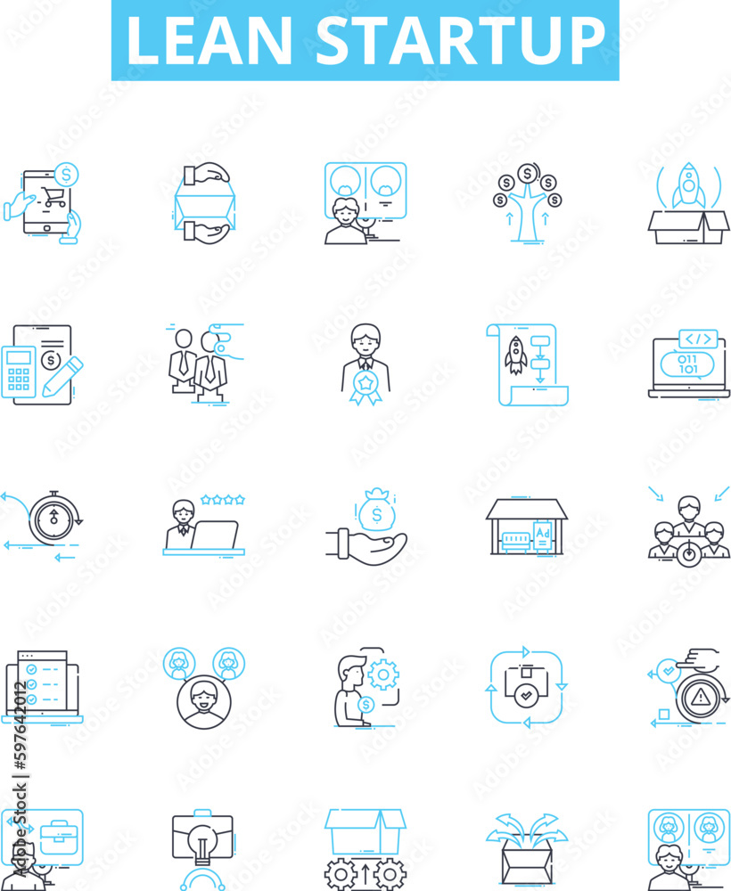 Lean startup vector line icons set. Lean, Startup, Iterate, MVP, Agile, KPI, Prototype illustration outline concept symbols and signs Lean startup vector line icons set. Lean, Startup, Iterate, MVP, Agile, KPI, Prototype illustration outline concept symbols and signs
