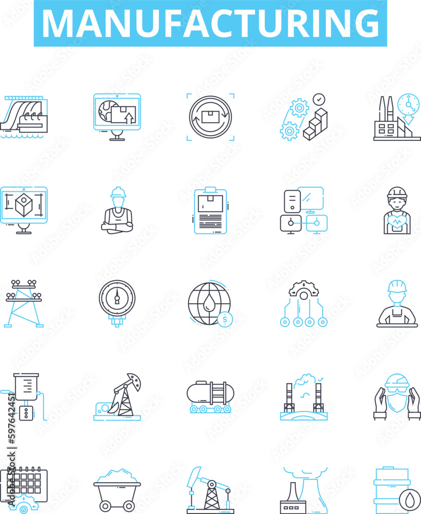 Manufacturing vector line icons set. Manufacturing, Production, Fabrication, Assembly, Processing, Assembling, Constructing illustration outline concept symbols and signs Manufacturing vector line icons set. Manufacturing, Production, Fabrication, Assembly, Processing, Assembling, Constructing illustration outline concept symbols and signs