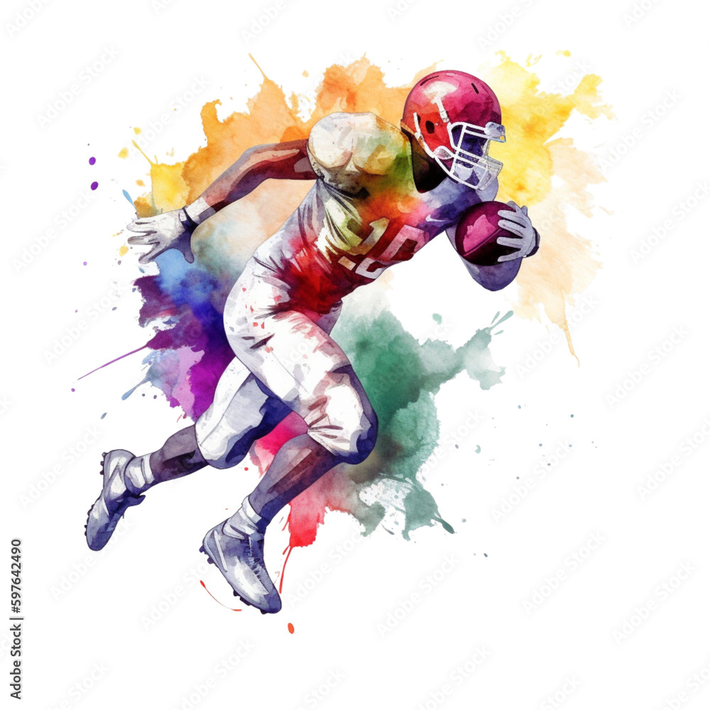 American Football Player with Ball, Vibrant Watercolor, Clipart, Transparent, Generative AI