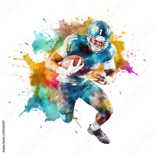 American Football Player with Ball, Vibrant Watercolor, Clipart, Transparent, Generative AI