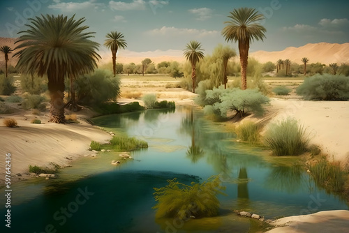 Oasis in the desert. Neural network AI generated art photo