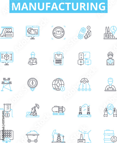 Manufacturing vector line icons set. Manufacturing, Production, Fabrication, Assembly, Processing, Assembling, Constructing illustration outline concept symbols and signs