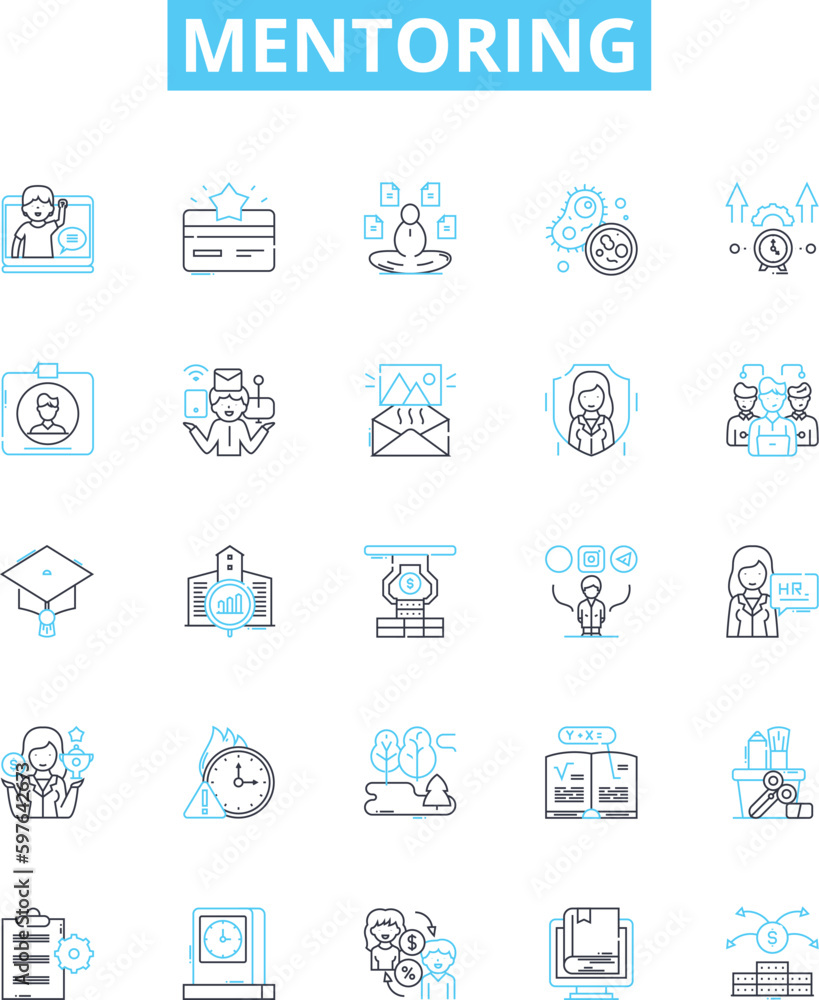 Mentoring vector line icons set. Counseling, advising, tutoring, guiding, coaching, support, teaching illustration outline concept symbols and signs
