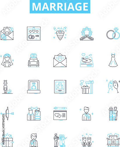 Marriage vector line icons set. Marriage, Wedlock, Union, Nuptials, Matrimony, Bond, Pledge illustration outline concept symbols and signs