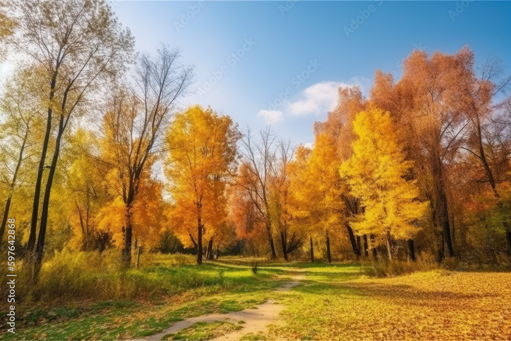 Colorful autumn park in sunny bright day. Beautiful autumn landscape with yellow and red trees. Colorful autumn park in sunny bright day. Beautiful autumn landscape with yellow and red trees.
