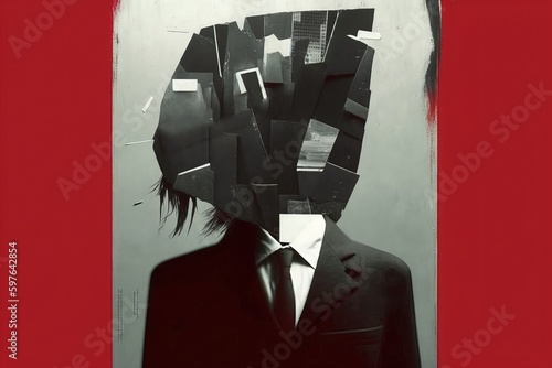 illustration, collage artistique d'une personne en costume avec cravate sans visage avec éléments chaotiques et peinture sale