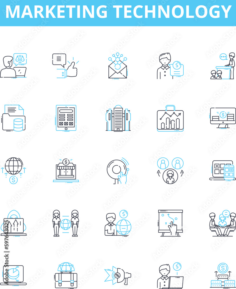 Marketing technology vector line icons set. Marketing, Technology, Digital, Platforms, Analytics, Automation, eCommerce illustration outline concept symbols and signs Marketing technology vector line icons set. Marketing, Technology, Digital, Platforms, Analytics, Automation, eCommerce illustration outline concept symbols and signs