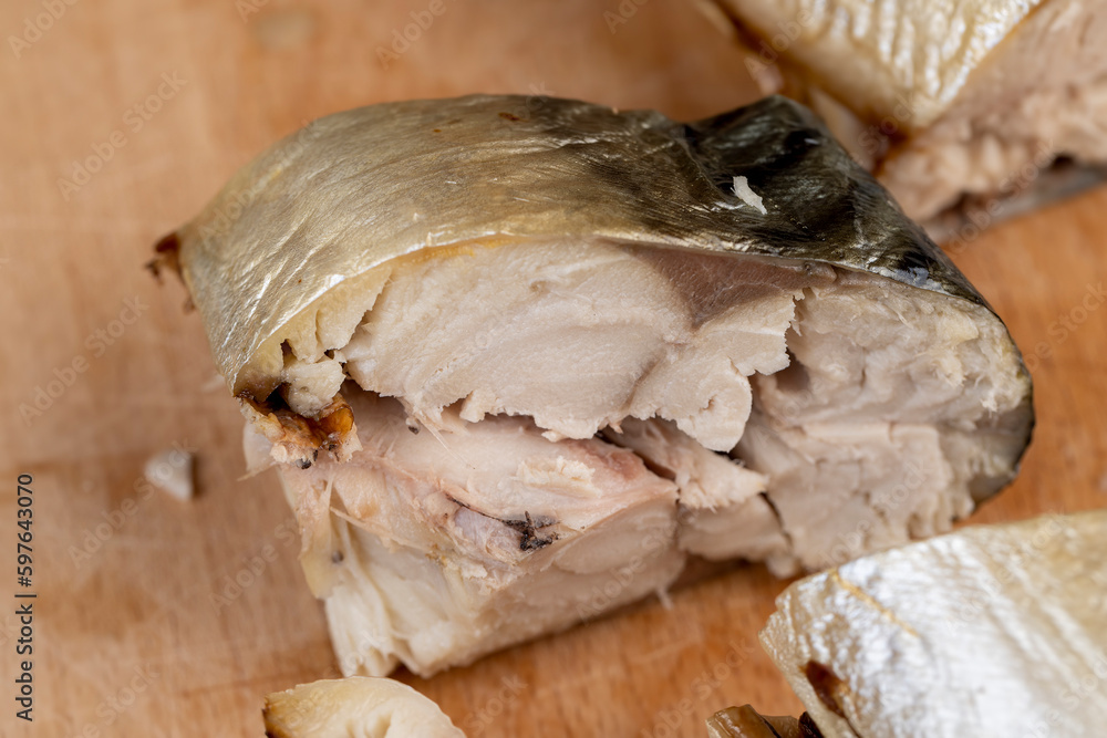 Fototapeta premium Smoked Atlantic mackerel cut into pieces