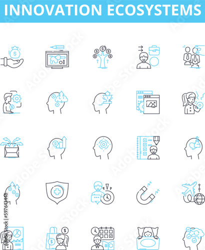 Innovation ecosystems vector line icons set. Ecosystem, Innovation, Network, Change, Creativity, Dynamics, Connectivity illustration outline concept symbols and signs