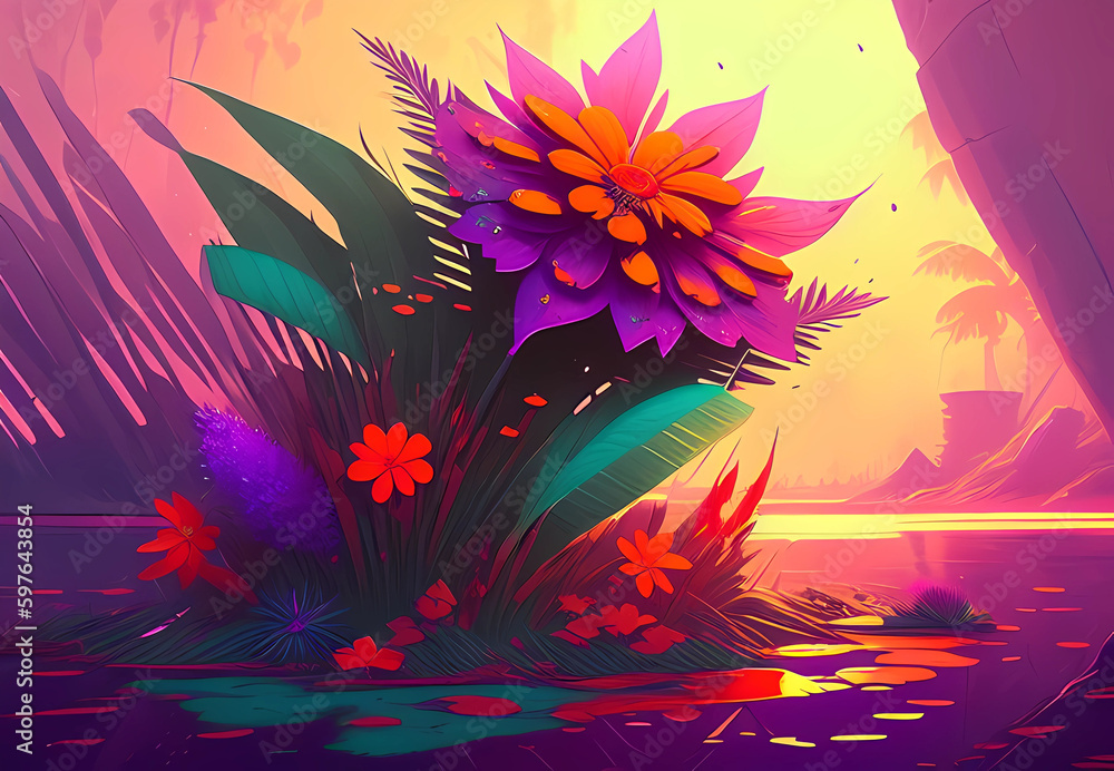 Fabulous drawing of colorful flowers with tropical leaves, generative ai