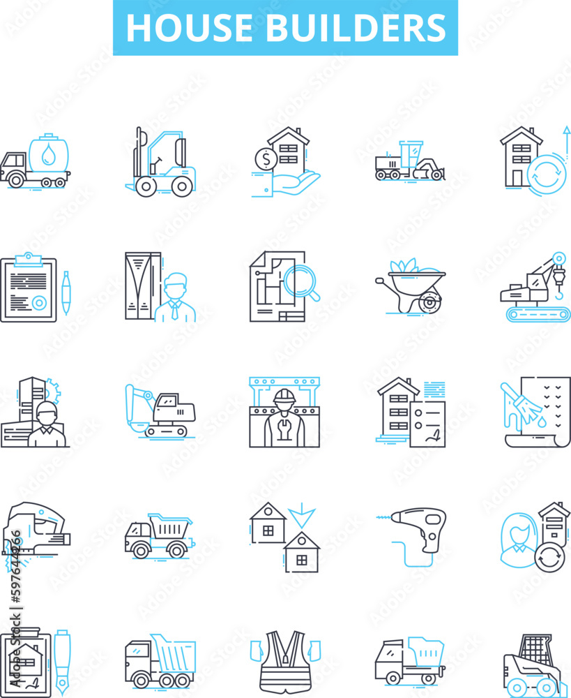 House builders vector line icons set. Developers, Constructors, Homebuilders, Architects, Contractors, Planners, Roofer illustration outline concept symbols and signs House builders vector line icons set. Developers, Constructors, Homebuilders, Architects, Contractors, Planners, Roofer illustration outline concept symbols and signs